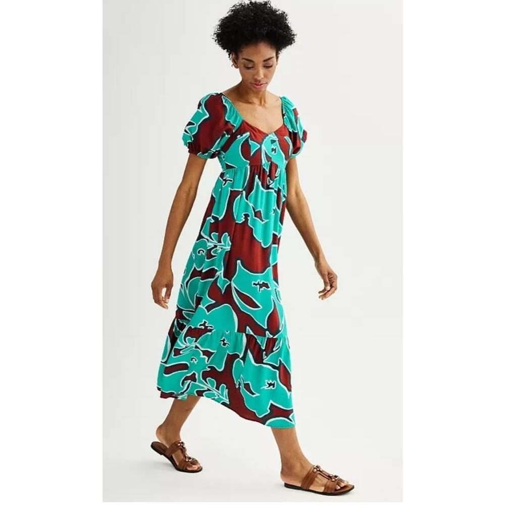 5508)Nine West XL Teal Oleander Short Puff Sleeve Baby Doll Peasant Maxi Dress